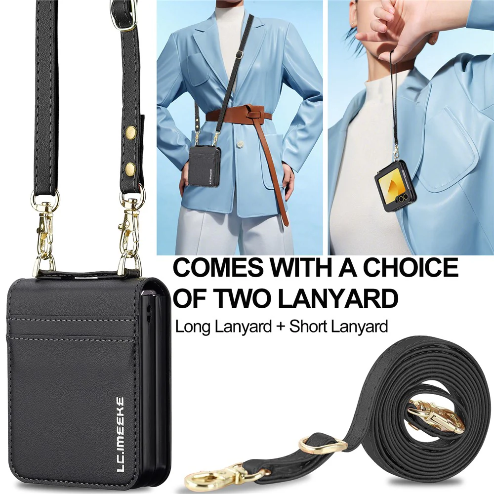 LC.IMEEKE for Samsung Galaxy Z Flip7 FE 5G / Z Flip6 5G Case Leather+PC Phone Cover with Straps Card Slots - Black - Image 5