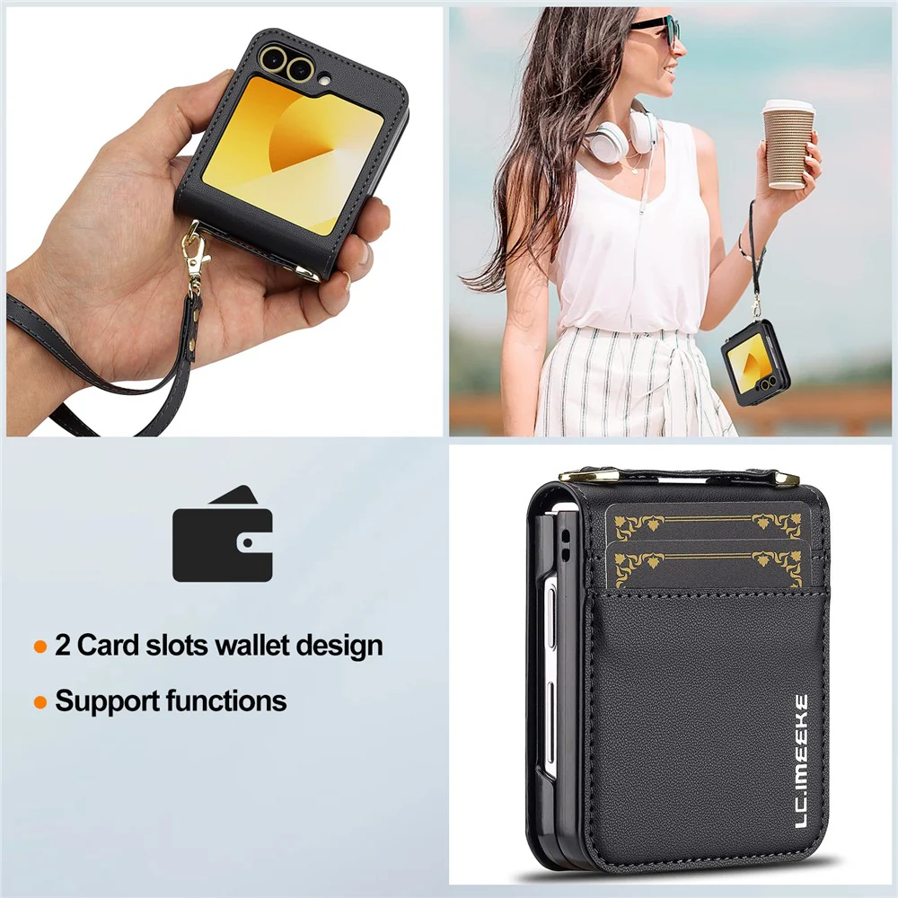 LC.IMEEKE for Samsung Galaxy Z Flip7 FE 5G / Z Flip6 5G Case Leather+PC Phone Cover with Straps Card Slots - Black - Image 6