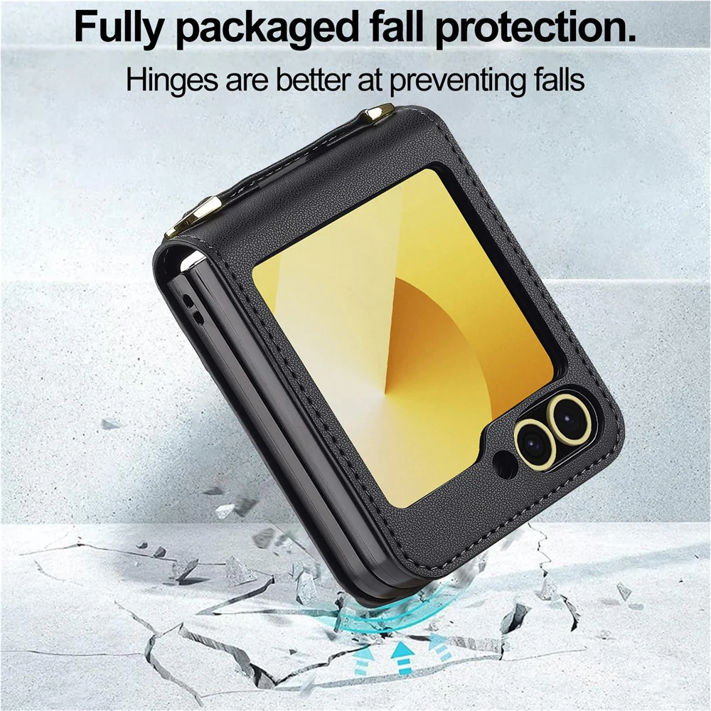 LC.IMEEKE for Samsung Galaxy Z Flip7 FE 5G / Z Flip6 5G Case Leather+PC Phone Cover with Straps Card Slots - Black - Image 7