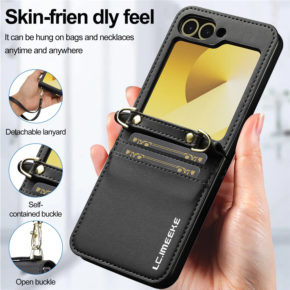 LC.IMEEKE for Samsung Galaxy Z Flip7 FE 5G / Z Flip6 5G Case Leather+PC Phone Cover with Straps Card Slots - Black - Image 8