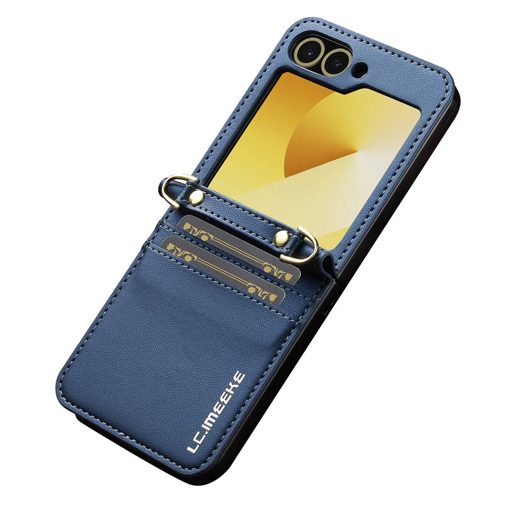 LC.IMEEKE for Samsung Galaxy Z Flip7 FE 5G / Z Flip6 5G Case Leather+PC Phone Cover with Straps Card Slots - Blue - Image 2
