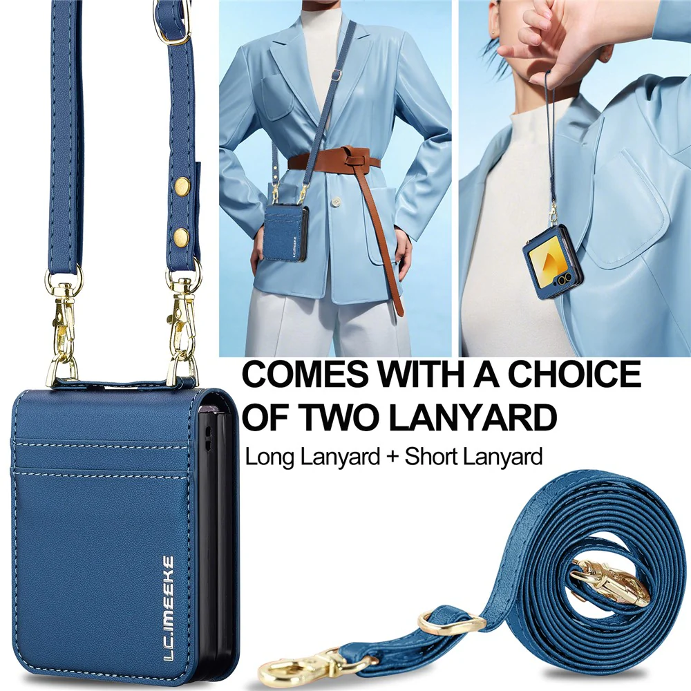 LC.IMEEKE for Samsung Galaxy Z Flip7 FE 5G / Z Flip6 5G Case Leather+PC Phone Cover with Straps Card Slots - Blue - Image 5