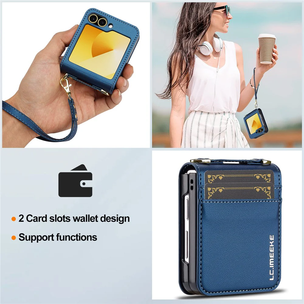 LC.IMEEKE for Samsung Galaxy Z Flip7 FE 5G / Z Flip6 5G Case Leather+PC Phone Cover with Straps Card Slots - Blue - Image 6