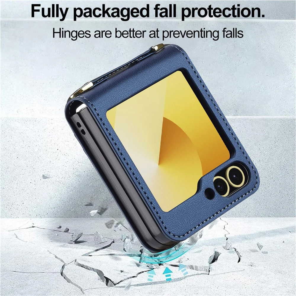 LC.IMEEKE for Samsung Galaxy Z Flip7 FE 5G / Z Flip6 5G Case Leather+PC Phone Cover with Straps Card Slots - Blue - Image 7