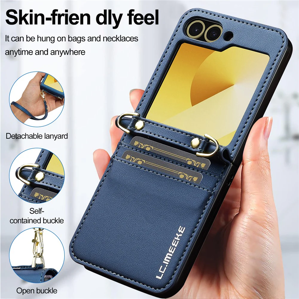 LC.IMEEKE for Samsung Galaxy Z Flip7 FE 5G / Z Flip6 5G Case Leather+PC Phone Cover with Straps Card Slots - Blue - Image 8