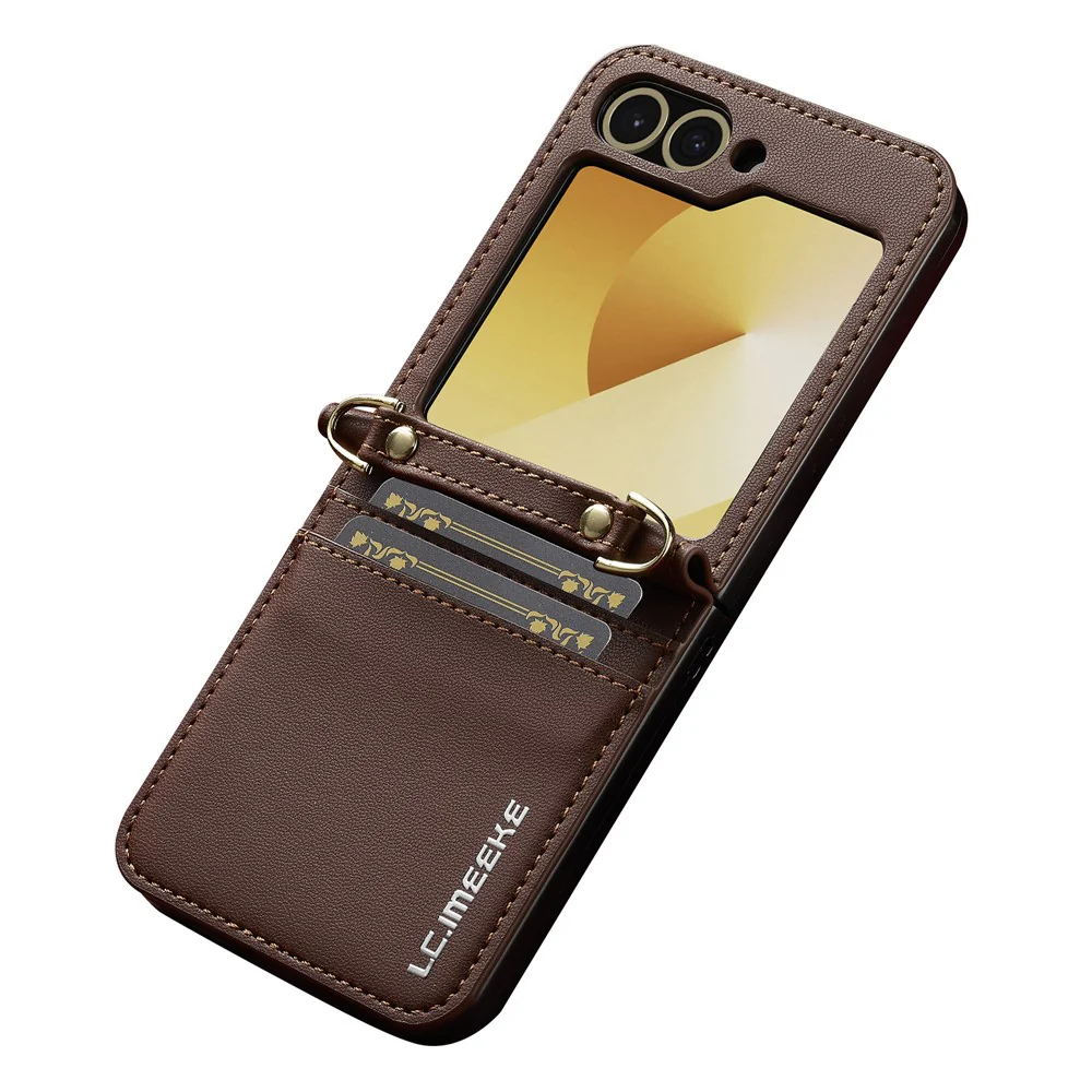 LC.IMEEKE for Samsung Galaxy Z Flip7 FE 5G / Z Flip6 5G Case Leather+PC Phone Cover with Straps Card Slots - Brown - Image 2