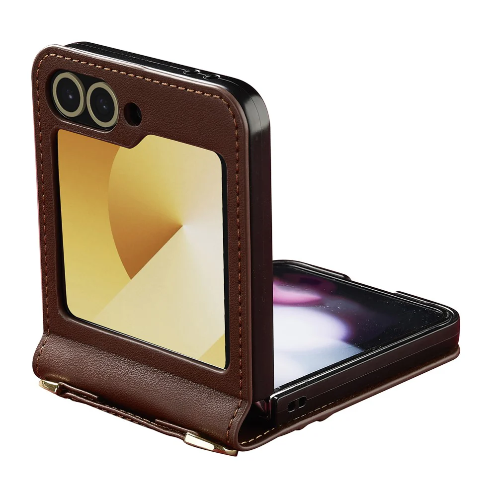 LC.IMEEKE for Samsung Galaxy Z Flip7 FE 5G / Z Flip6 5G Case Leather+PC Phone Cover with Straps Card Slots - Brown - Image 3