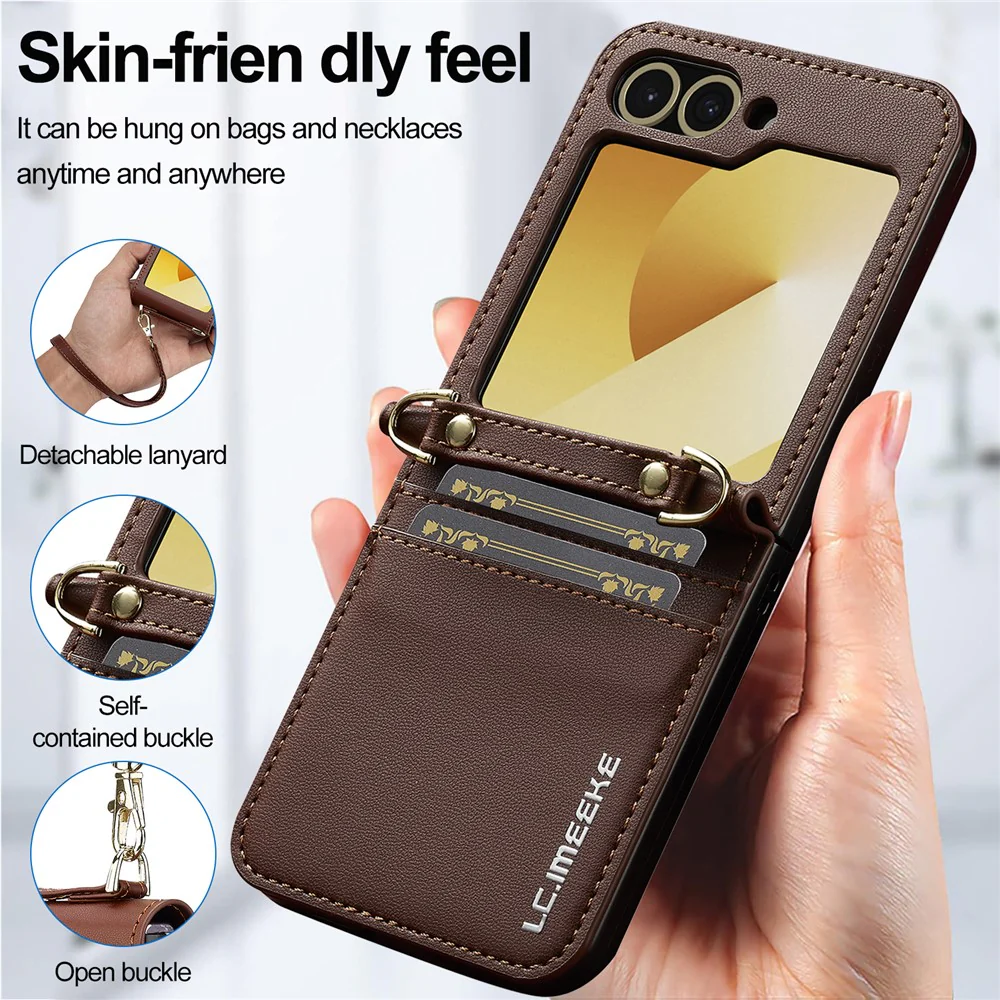 LC.IMEEKE for Samsung Galaxy Z Flip7 FE 5G / Z Flip6 5G Case Leather+PC Phone Cover with Straps Card Slots - Brown - Image 8