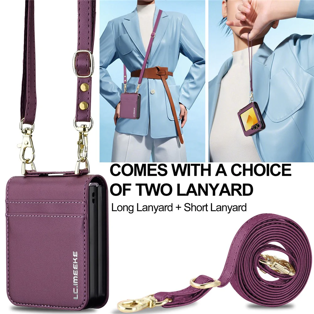 LC.IMEEKE for Samsung Galaxy Z Flip7 FE 5G / Z Flip6 5G Case Leather+PC Phone Cover with Straps Card Slots - Purple - Image 5