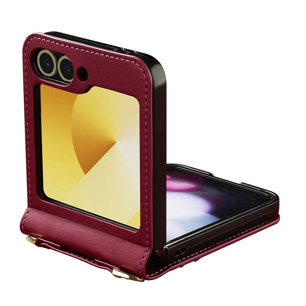 LC.IMEEKE for Samsung Galaxy Z Flip7 FE 5G / Z Flip6 5G Case Leather+PC Phone Cover with Straps Card Slots - Red - Image 3
