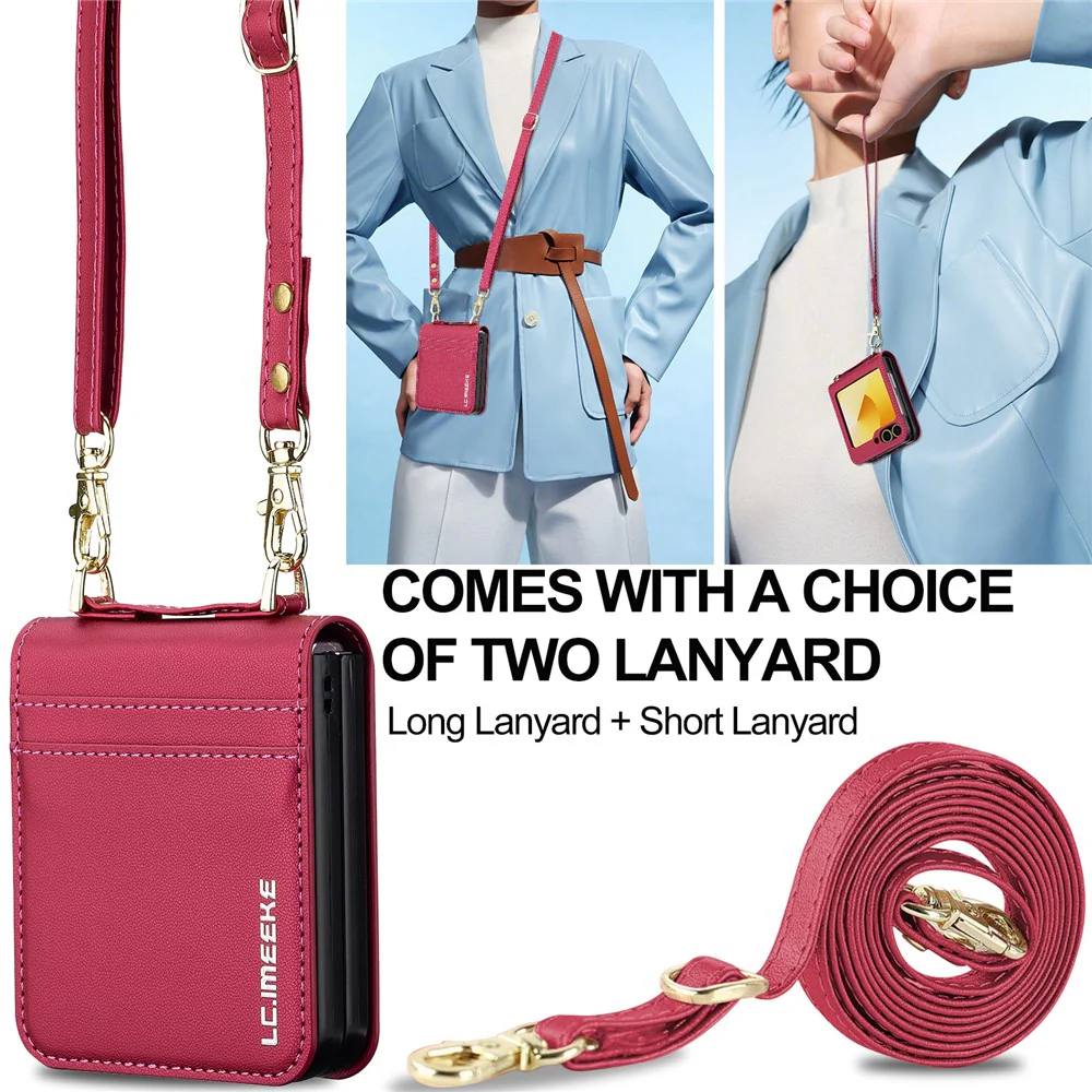 LC.IMEEKE for Samsung Galaxy Z Flip7 FE 5G / Z Flip6 5G Case Leather+PC Phone Cover with Straps Card Slots - Red - Image 5