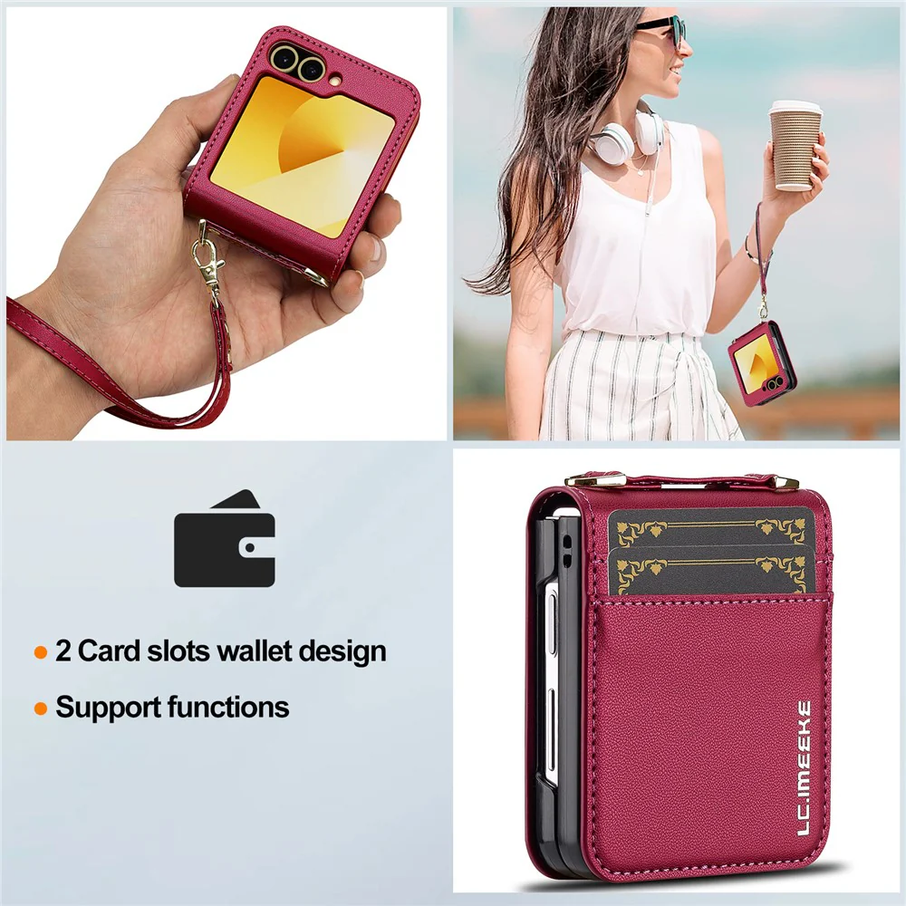 LC.IMEEKE for Samsung Galaxy Z Flip7 FE 5G / Z Flip6 5G Case Leather+PC Phone Cover with Straps Card Slots - Red - Image 6