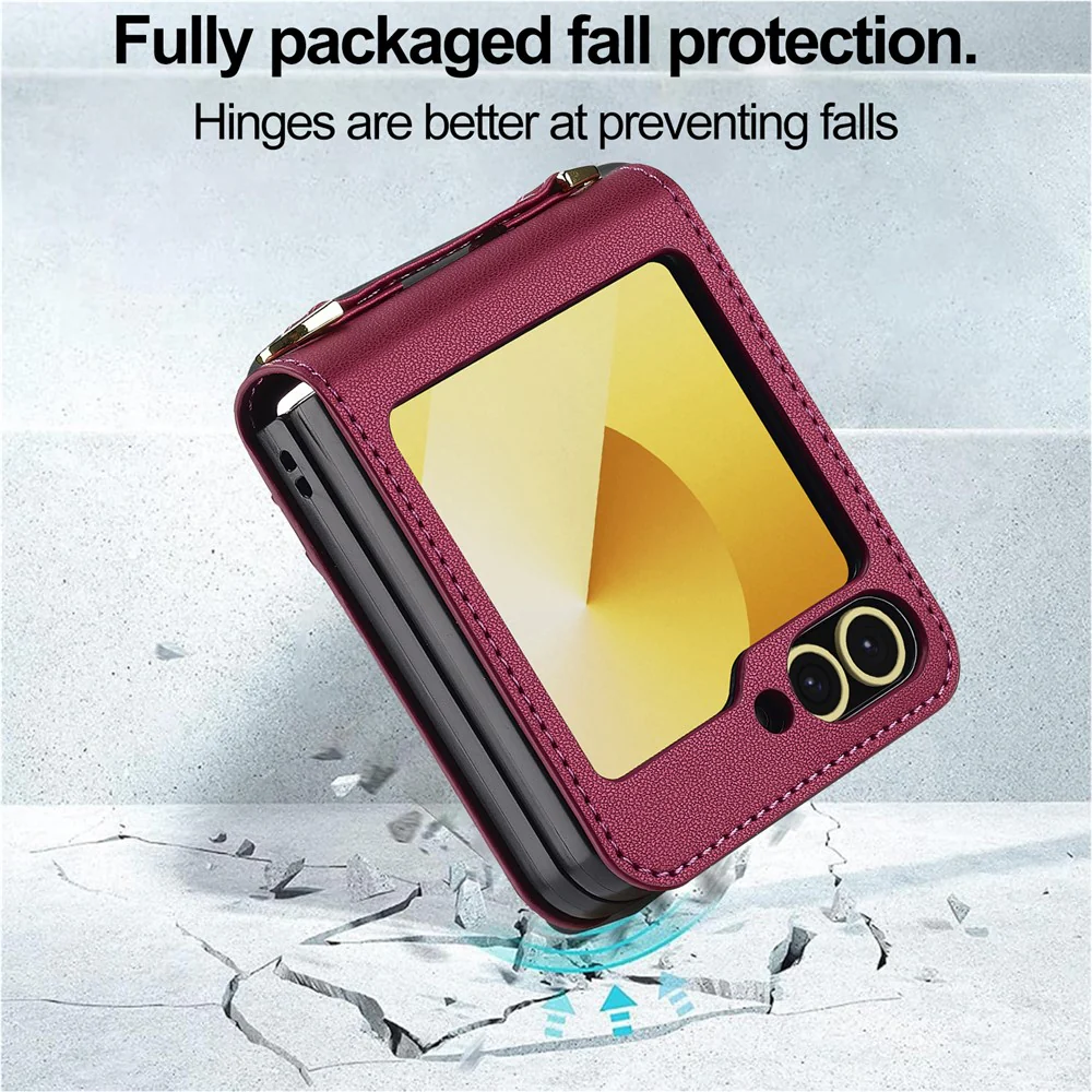 LC.IMEEKE for Samsung Galaxy Z Flip7 FE 5G / Z Flip6 5G Case Leather+PC Phone Cover with Straps Card Slots - Red - Image 7