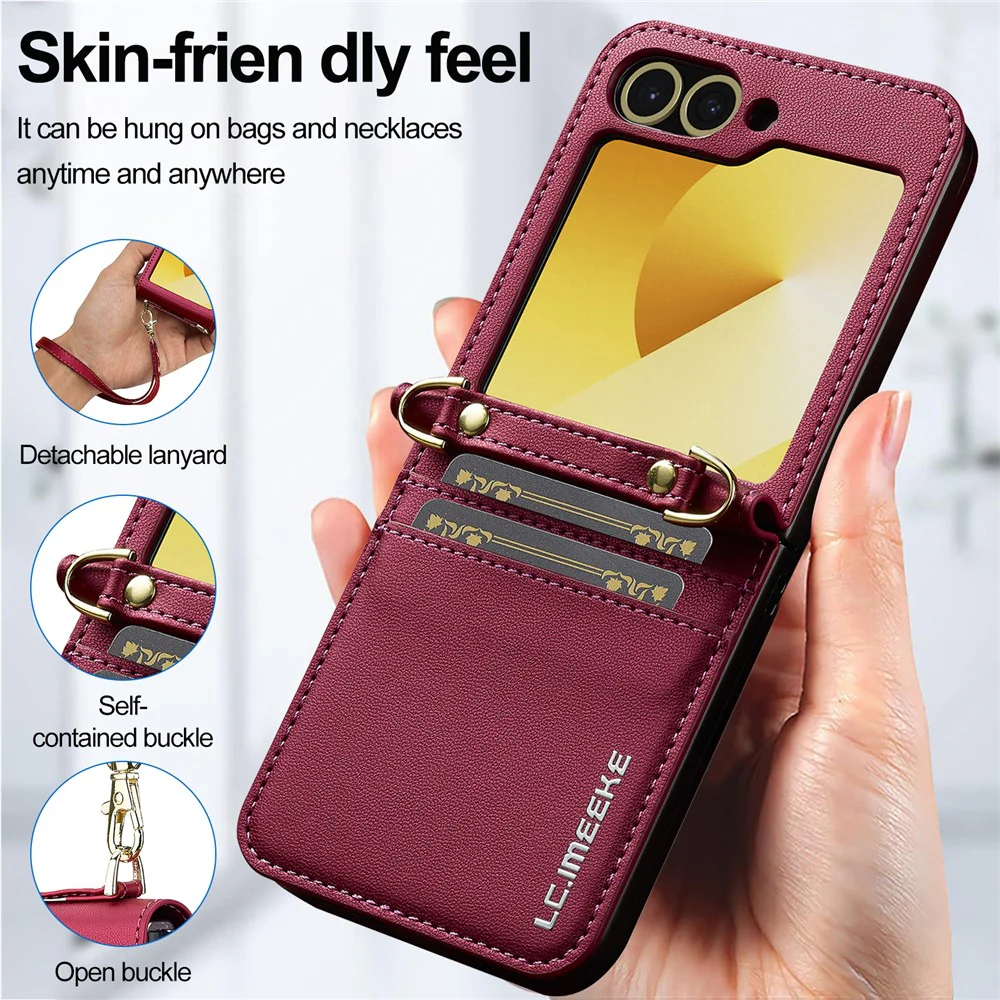 LC.IMEEKE for Samsung Galaxy Z Flip7 FE 5G / Z Flip6 5G Case Leather+PC Phone Cover with Straps Card Slots - Red - Image 8