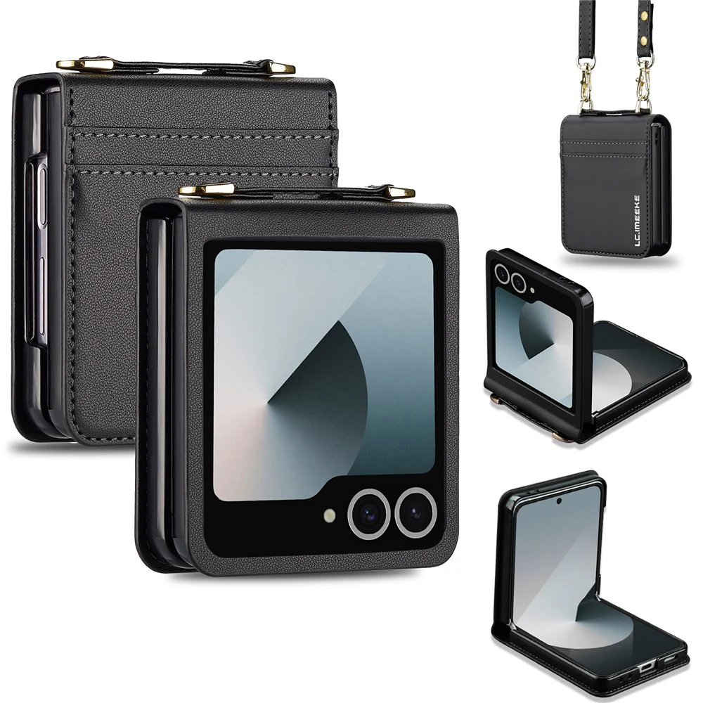 LC.IMEEKE L1 Series For Samsung Galaxy Z Flip7 5G Case Card Holder Leather Phone Cover with Shoulder Strap / Wrist Strap - Black
