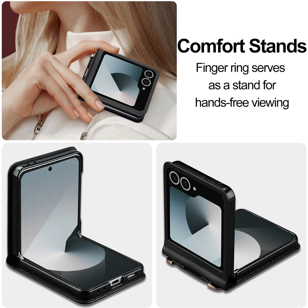 LC.IMEEKE L1 Series For Samsung Galaxy Z Flip7 5G Case Card Holder Leather Phone Cover with Shoulder Strap / Wrist Strap - Black - Image 6