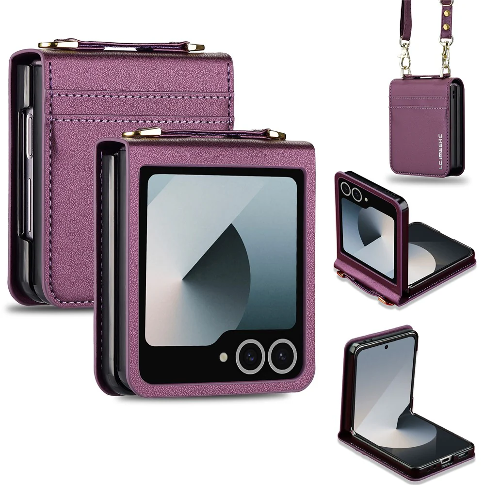 LC.IMEEKE L1 Series For Samsung Galaxy Z Flip7 5G Case Card Holder Leather Phone Cover with Shoulder Strap / Wrist Strap - Purple