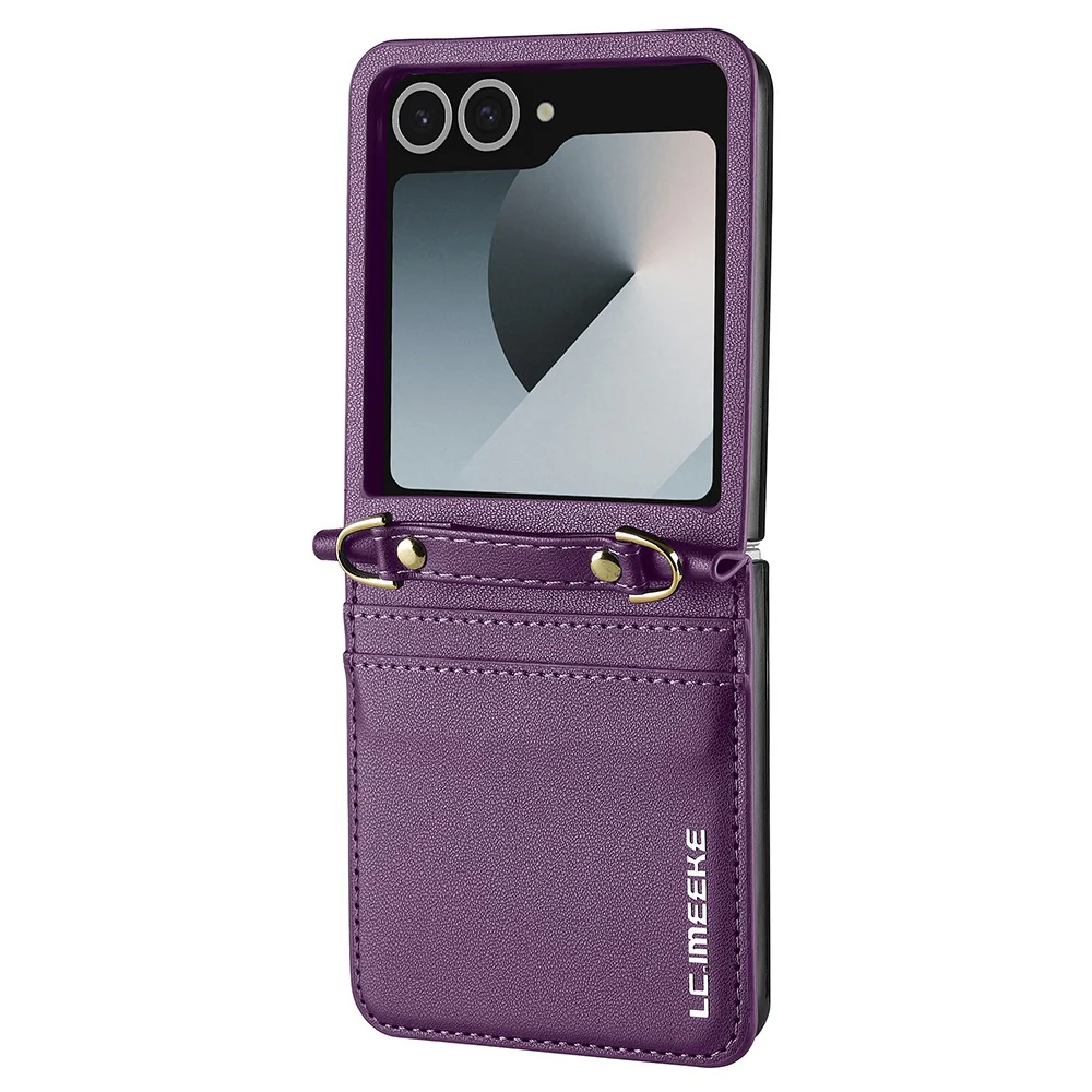 LC.IMEEKE L1 Series For Samsung Galaxy Z Flip7 5G Case Card Holder Leather Phone Cover with Shoulder Strap / Wrist Strap - Purple - Image 2