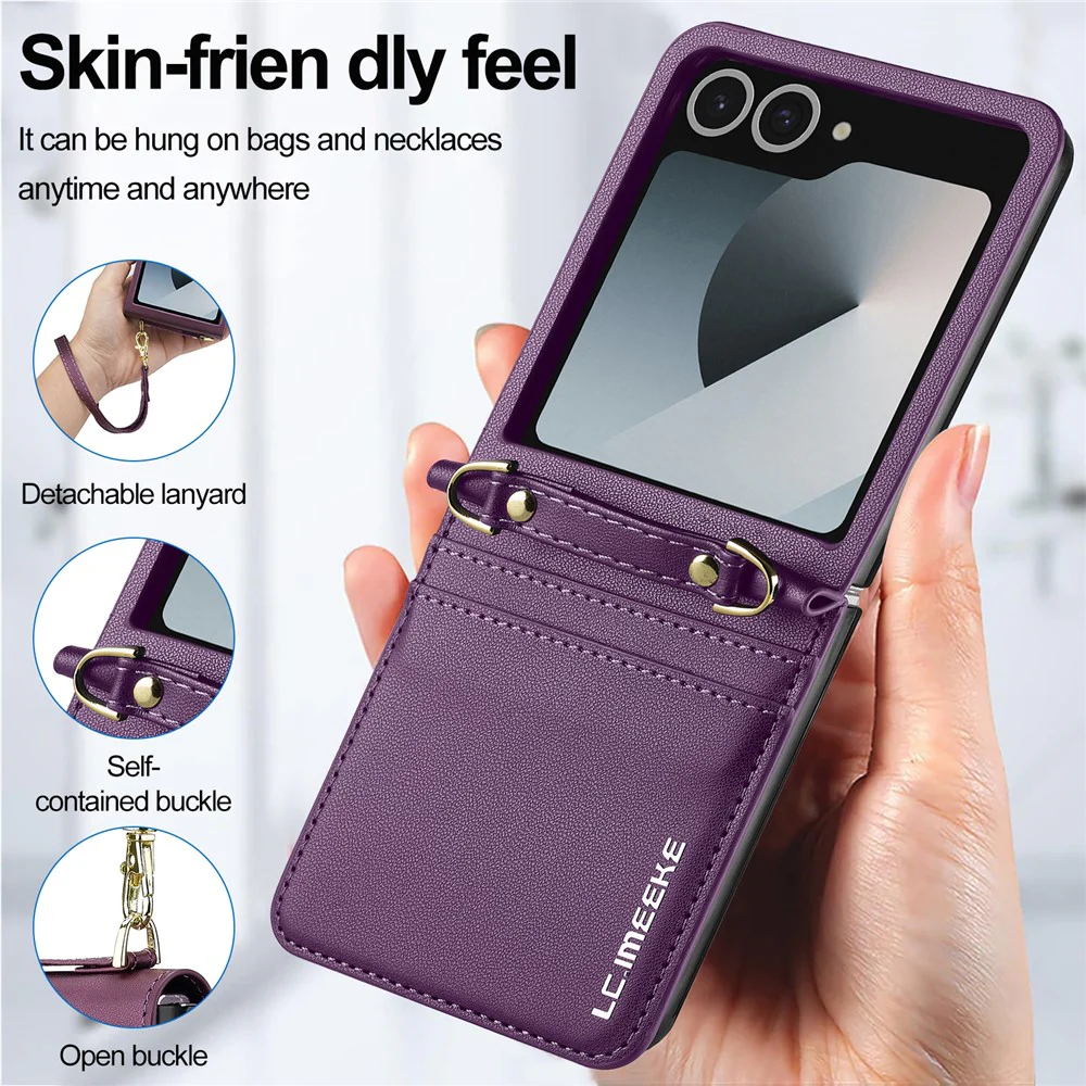 LC.IMEEKE L1 Series For Samsung Galaxy Z Flip7 5G Case Card Holder Leather Phone Cover with Shoulder Strap / Wrist Strap - Purple - Image 5