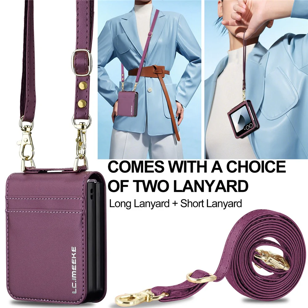 LC.IMEEKE L1 Series For Samsung Galaxy Z Flip7 5G Case Card Holder Leather Phone Cover with Shoulder Strap / Wrist Strap - Purple - Image 8
