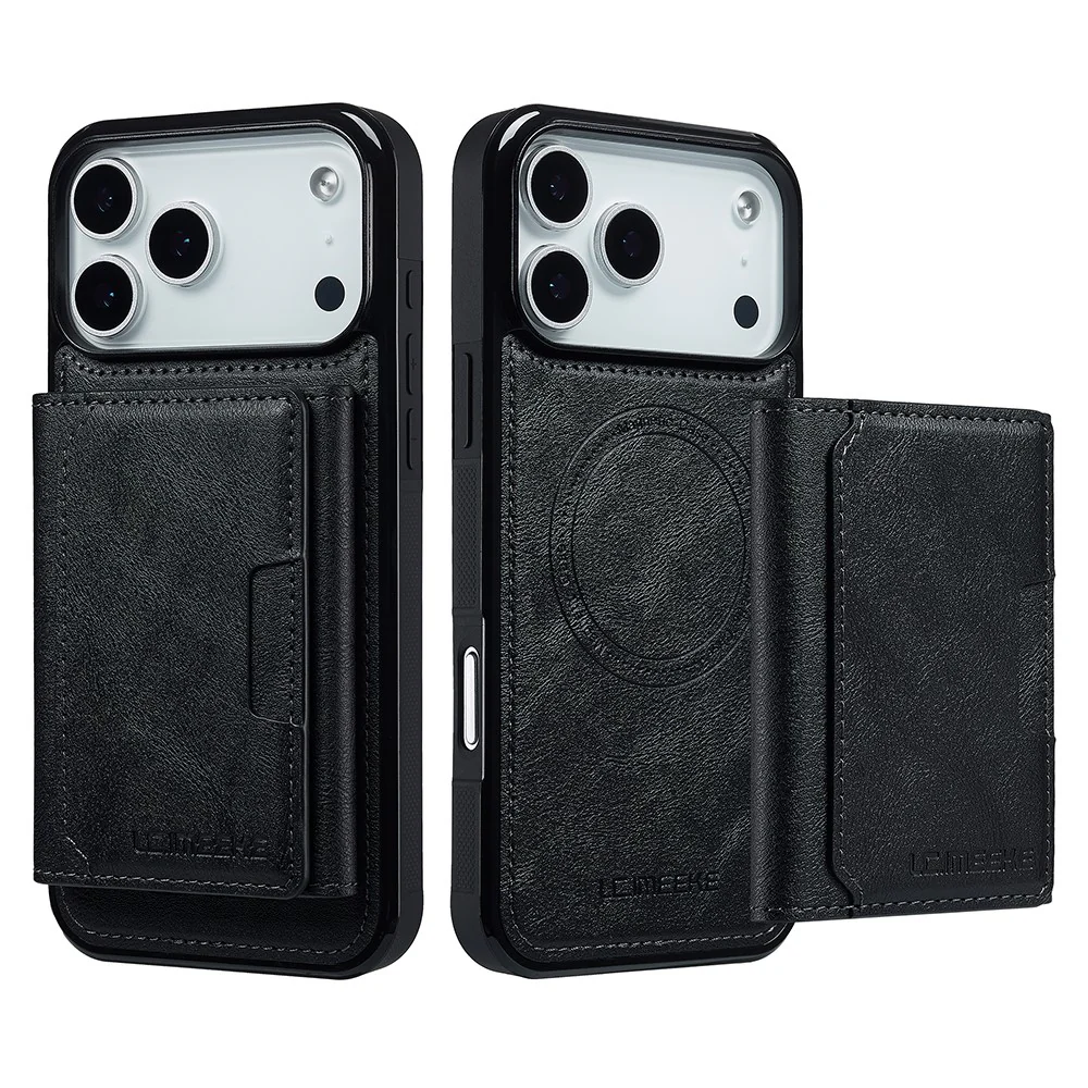 LC.IMEEKE L5 For iPhone 17 Pro Max Magnetic Phone Case Leather Back Cover with Detachable Card Holder - Black