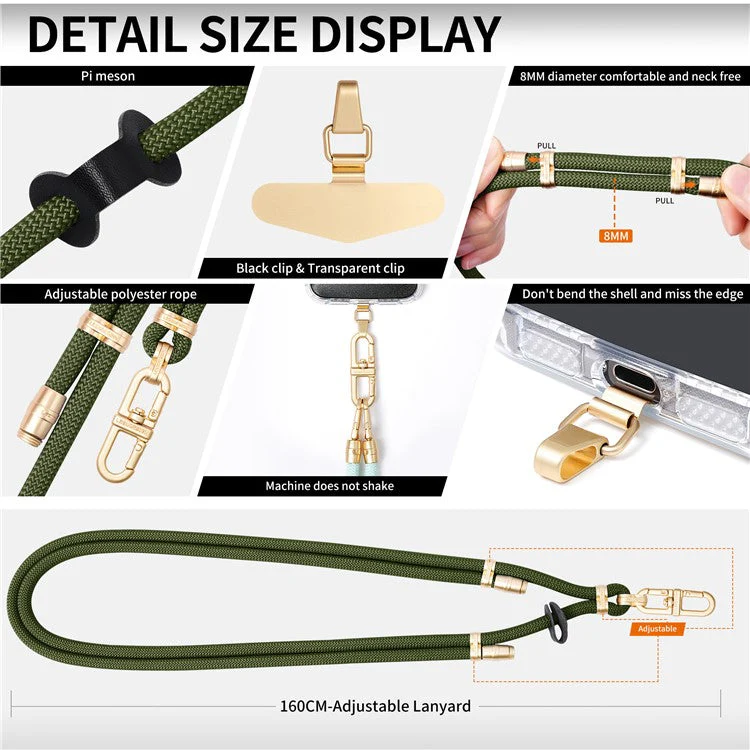 LEEU DESIGN Phone Lanyard 160cm Adjustable Crossbody Cell Phone Neck Strap with Pad - Army Green - Image 5