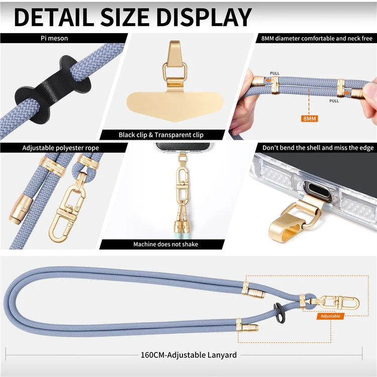 LEEU DESIGN Phone Lanyard 160cm Adjustable Crossbody Cell Phone Neck Strap with Pad - Blue - Image 5