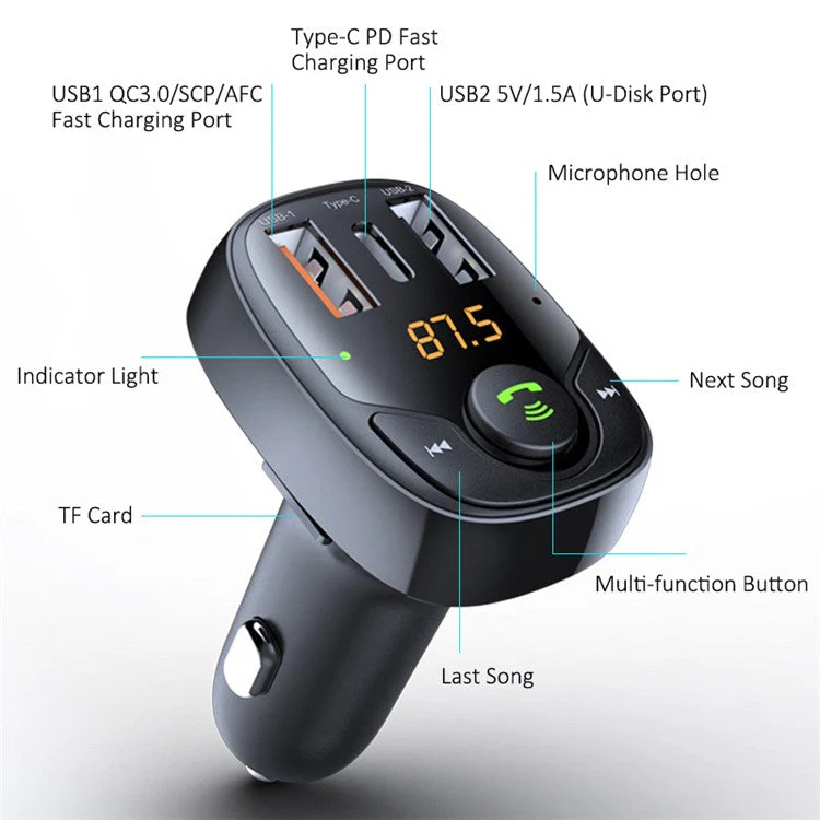 LOHEE S-15PD QC PD 3-Port Bluetooth Calls Fast Charging Car Charger Bluetooth Music Player Cigarette Lighter Adapter - Black - Image 6