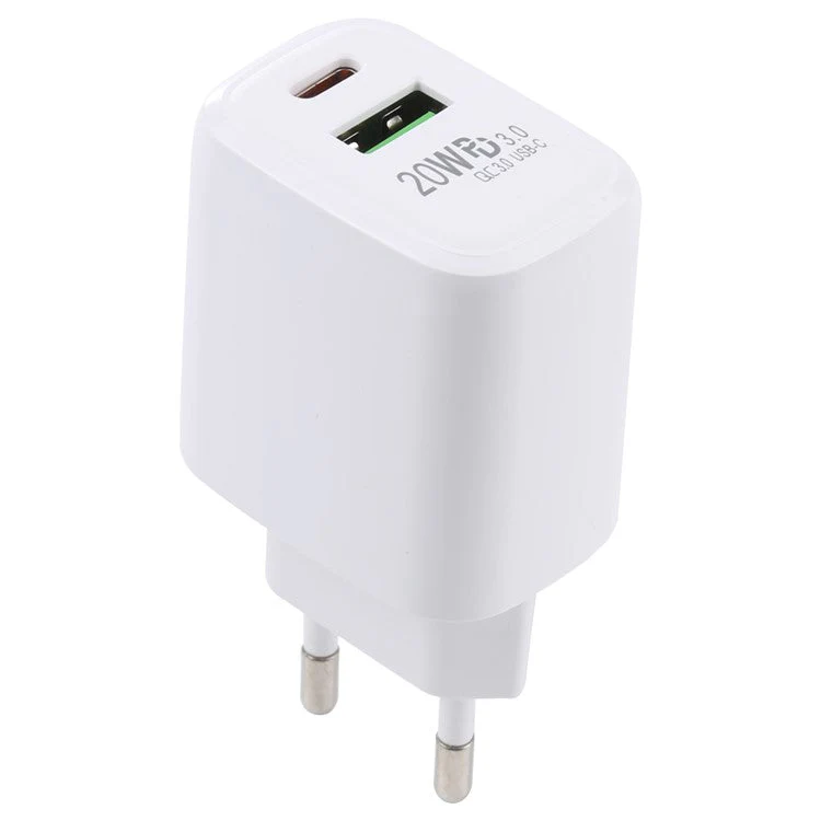 LZ-215A+C 20W QC3.0 USB + PD3.0 Type-C Dual Ports Fast Charging Travel Charger Power Adapter - EU Plug