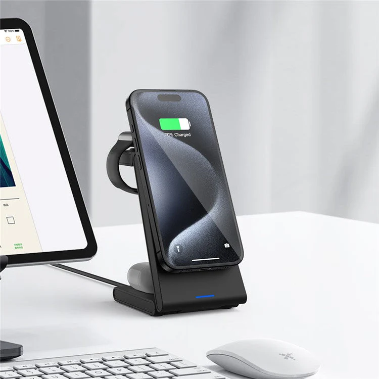 M10 3-in-1 Magnetic Wireless Charger for iPhone 12 / 13 / 14 / 15 Series Compatible with MagSafe 15W Folding Charging Station - Black / White - Image 6