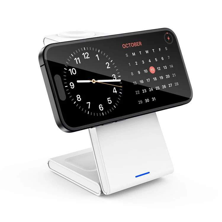 M10 3-in-1 Magnetic Wireless Charger for iPhone 12 / 13 / 14 / 15 Series Compatible with MagSafe 15W Folding Charging Station - White / Grey - Image 4