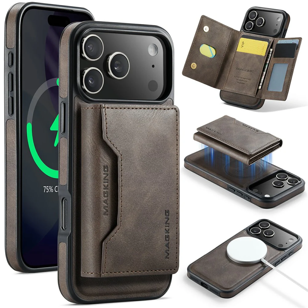 MAGKING K2 Series For iPhone 17 Pro Max Case Compatible with MagSafe PC + TPU + PU Phone Cover - Coffee
