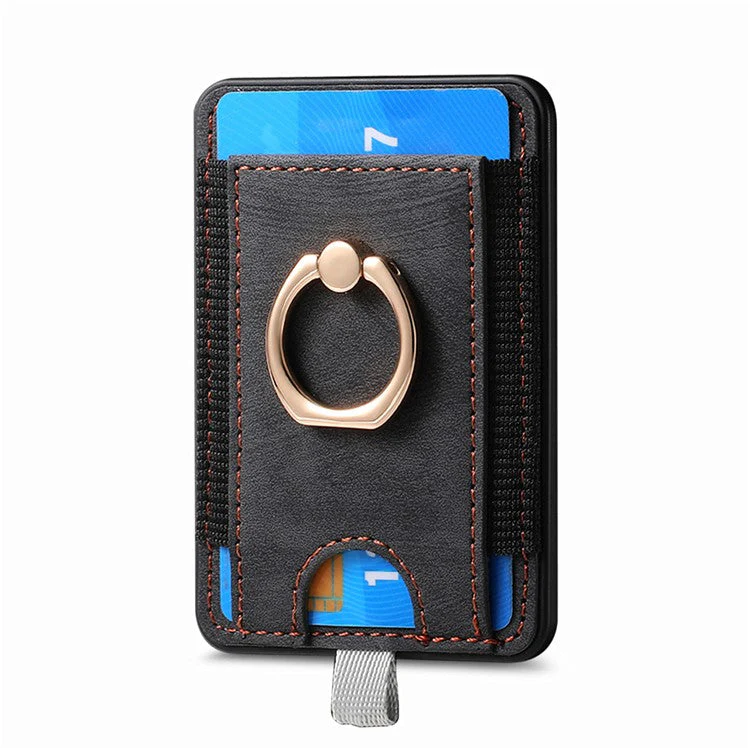 Magnetic Card Holder Ring Kickstand Retro Texture PU Leather Card Bag - Black - Image 4