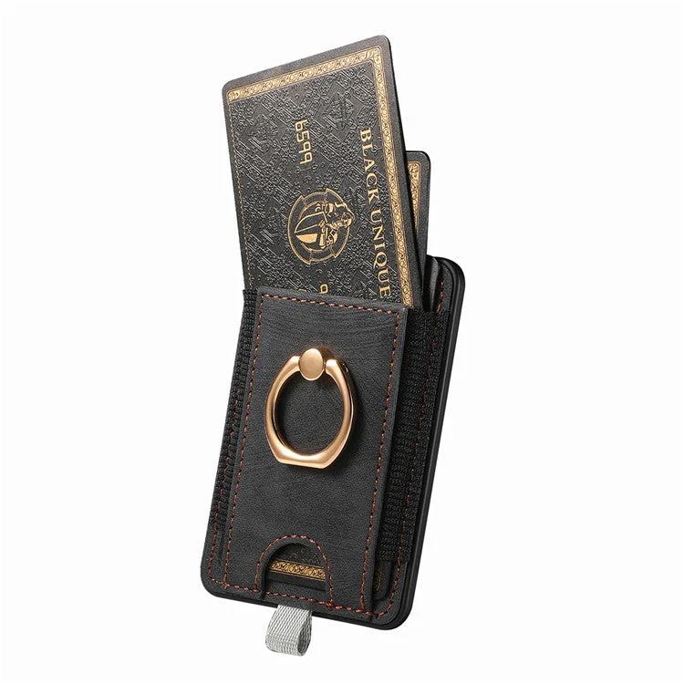 Magnetic Card Holder Ring Kickstand Retro Texture PU Leather Card Bag - Black - Image 5