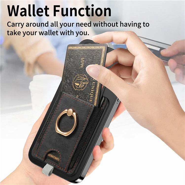 Magnetic Card Holder Ring Kickstand Retro Texture PU Leather Card Bag - Black - Image 6