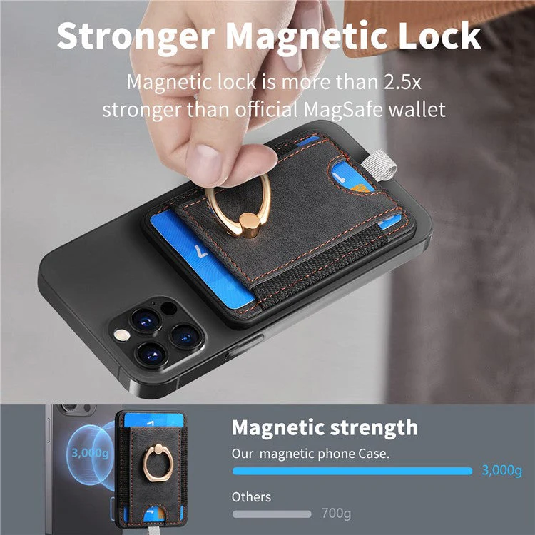 Magnetic Card Holder Ring Kickstand Retro Texture PU Leather Card Bag - Black - Image 8