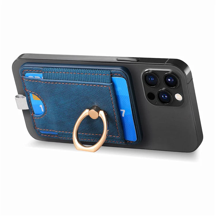 Magnetic Card Holder Ring Kickstand Retro Texture PU Leather Card Bag - Blue - Image 3
