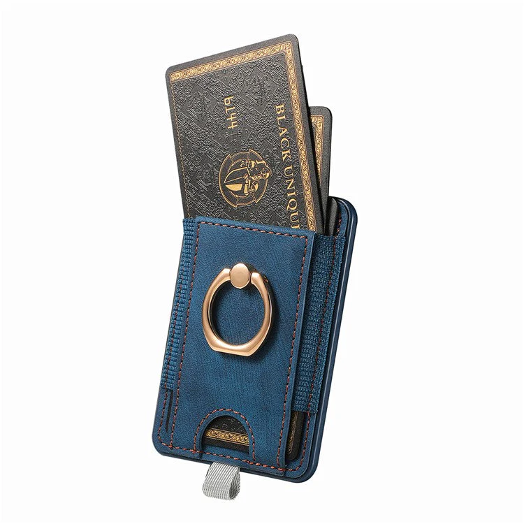 Magnetic Card Holder Ring Kickstand Retro Texture PU Leather Card Bag - Blue - Image 5