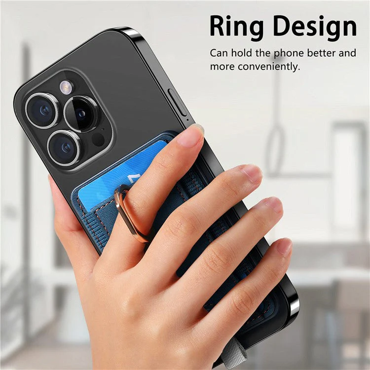 Magnetic Card Holder Ring Kickstand Retro Texture PU Leather Card Bag - Blue - Image 7