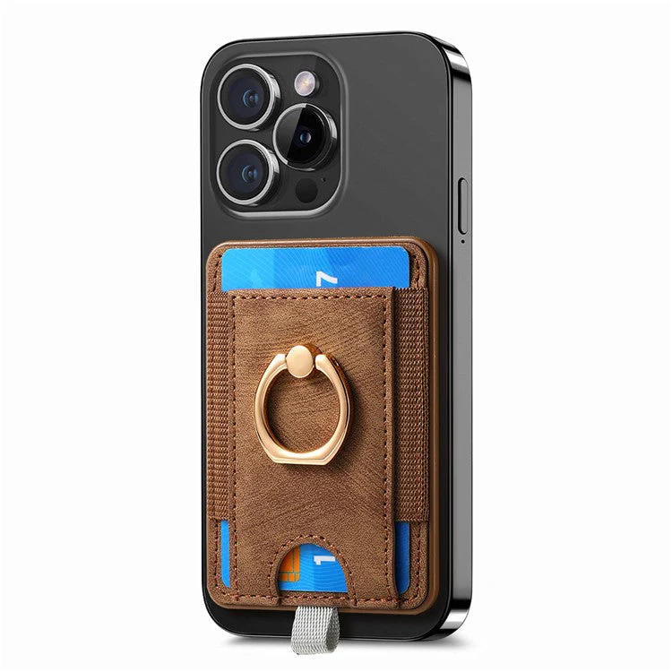 Magnetic Card Holder Ring Kickstand Retro Texture PU Leather Card Bag - Brown - Image 2