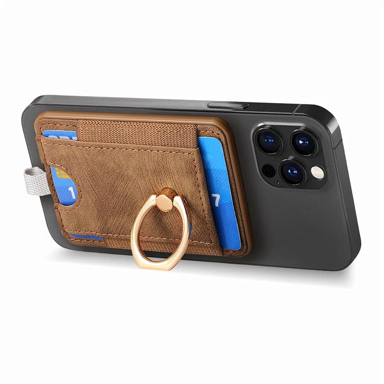 Magnetic Card Holder Ring Kickstand Retro Texture PU Leather Card Bag - Brown - Image 3