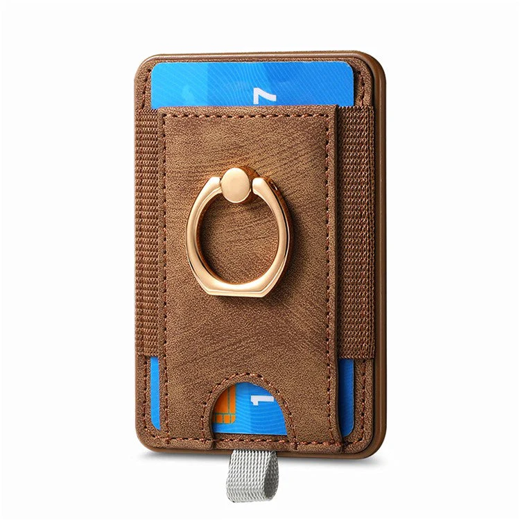 Magnetic Card Holder Ring Kickstand Retro Texture PU Leather Card Bag - Brown - Image 4
