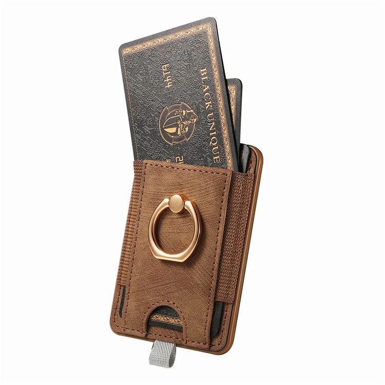 Magnetic Card Holder Ring Kickstand Retro Texture PU Leather Card Bag - Brown - Image 5