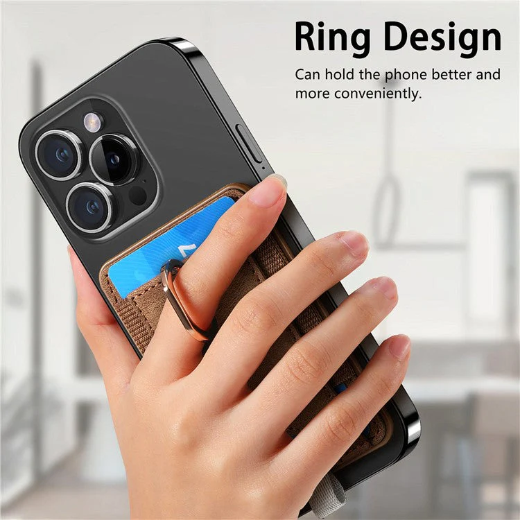 Magnetic Card Holder Ring Kickstand Retro Texture PU Leather Card Bag - Brown - Image 7