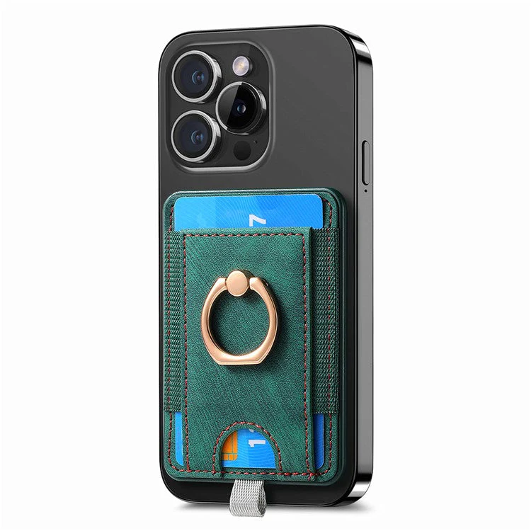 Magnetic Card Holder Ring Kickstand Retro Texture PU Leather Card Bag - Green - Image 2