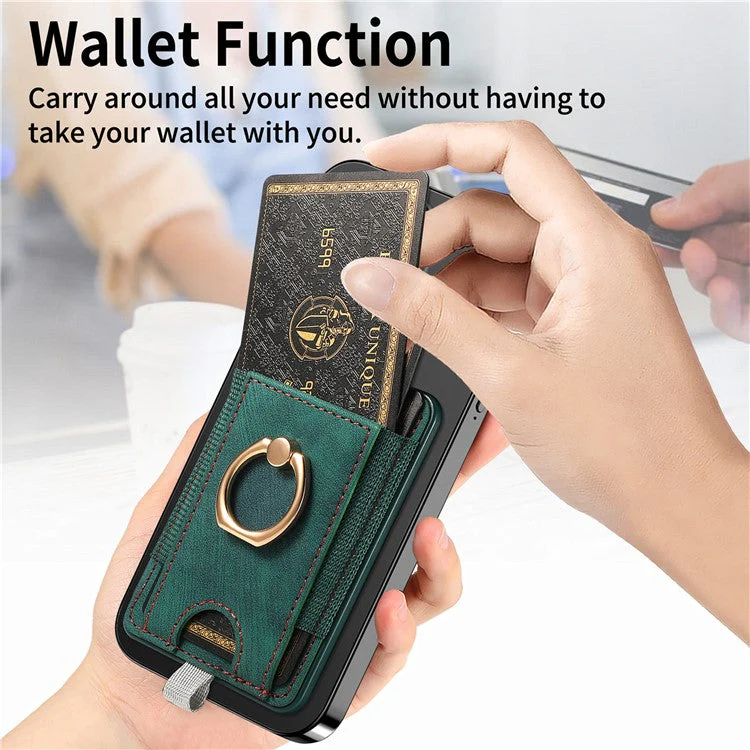 Magnetic Card Holder Ring Kickstand Retro Texture PU Leather Card Bag - Green - Image 6