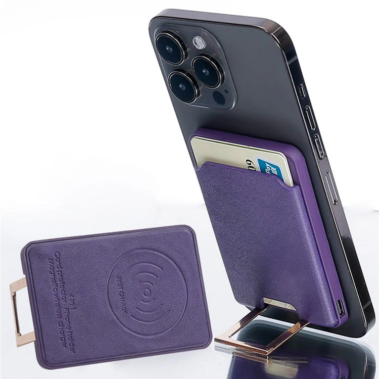 Magnetic Wireless Charger 4-in-1 15W Fast Wireless Charging Station with Kickstand / Card Holder (NO CE Certificated) - Purple - Image 2
