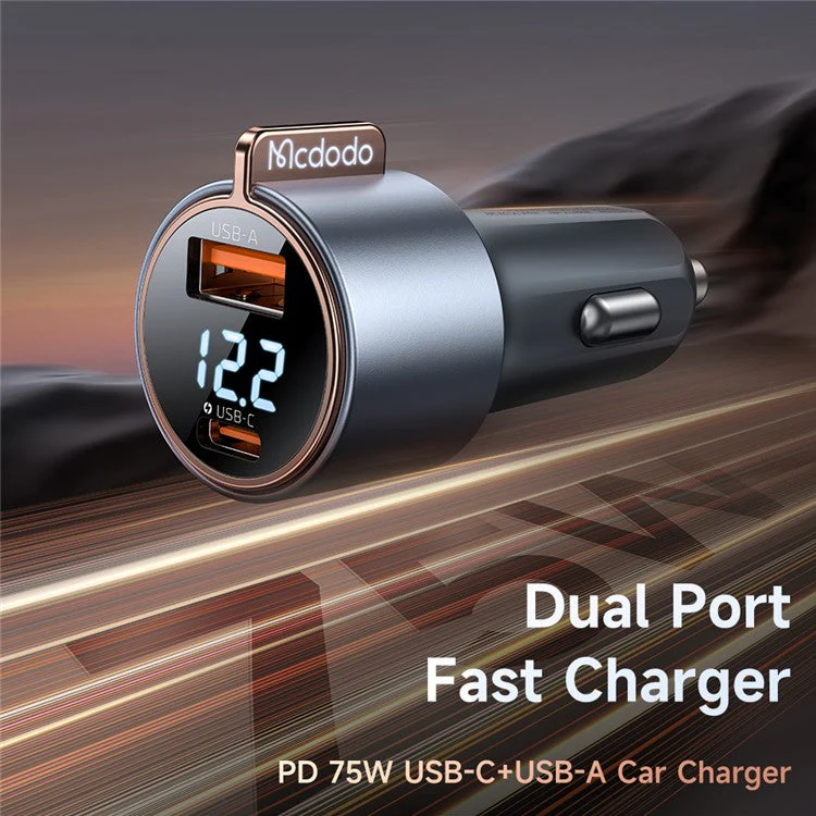 MCDODO CC-3690 USB-A + Type-C Dual Ports PD 75W Fast Car Charger with Digital Display, Black - Image 2