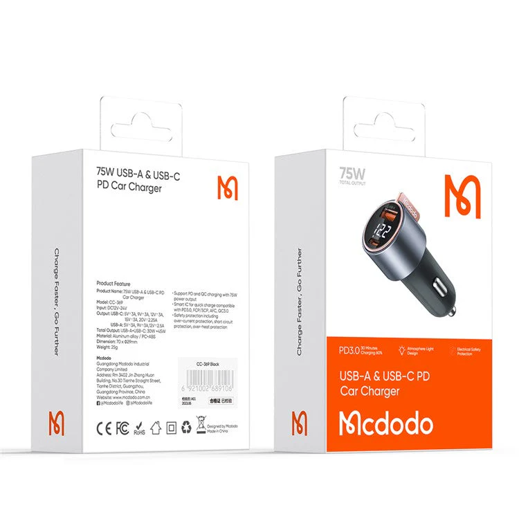 MCDODO CC-3690 USB-A + Type-C Dual Ports PD 75W Fast Car Charger with Digital Display, Black - Image 7