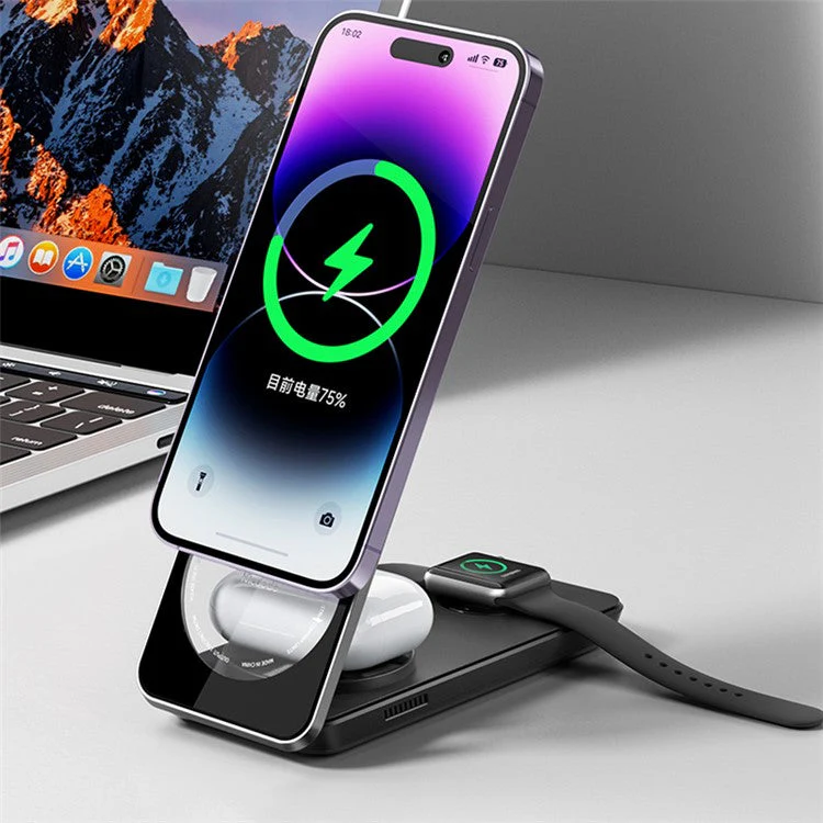 MCDODO CH-115 3-in-1 Magnetic Wireless Charger Strong Adsorption Folding Fast Charging Stand iPhone 12 / 13 / 14 Series Mobile Phones - White - Image 6
